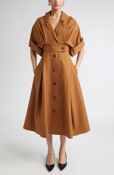 Wide Sleeve Belted Stretch Cotton Sateen Shirtdress