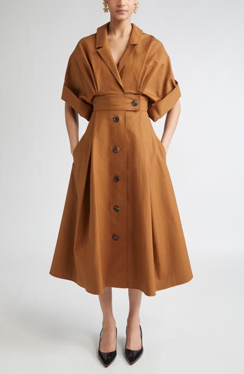 Carolina Herrera Wide Sleeve Belted Stretch Cotton Sateen Shirtdress In Brown