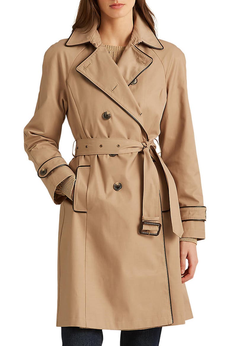 Water Repellent Cotton Blend Belted Trench Coat, Main, color, SAND