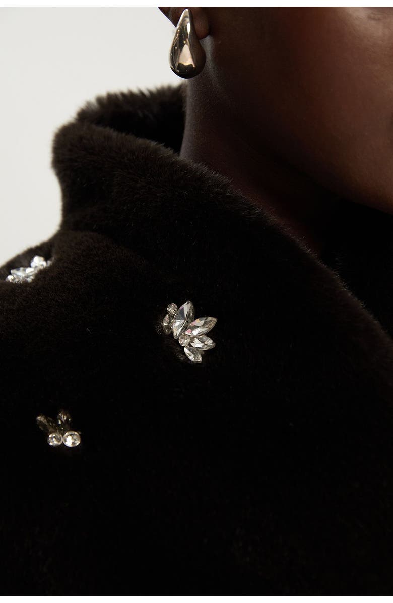 Karen Millen Crystal Embellished Faux Fur Short Coat, Alternate, color, Chocolate