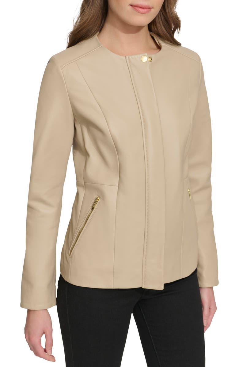 Cole Haan Collarless Leather Jacket, Main, color, Cream