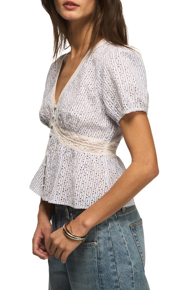 Lucky Brand Eyelet Embroidered Babydoll Top, Alternate, color, Blue Stripe