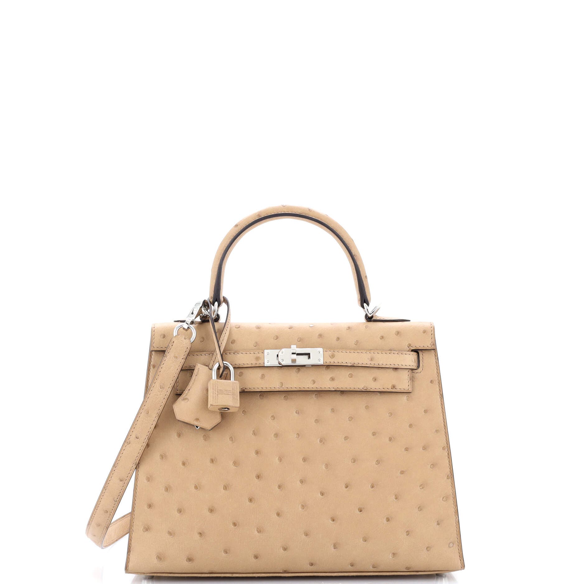 Pre-Owned Hermes Kelly Handbag Brown Ostrich with Palladium Hardware 25, Main, color, 