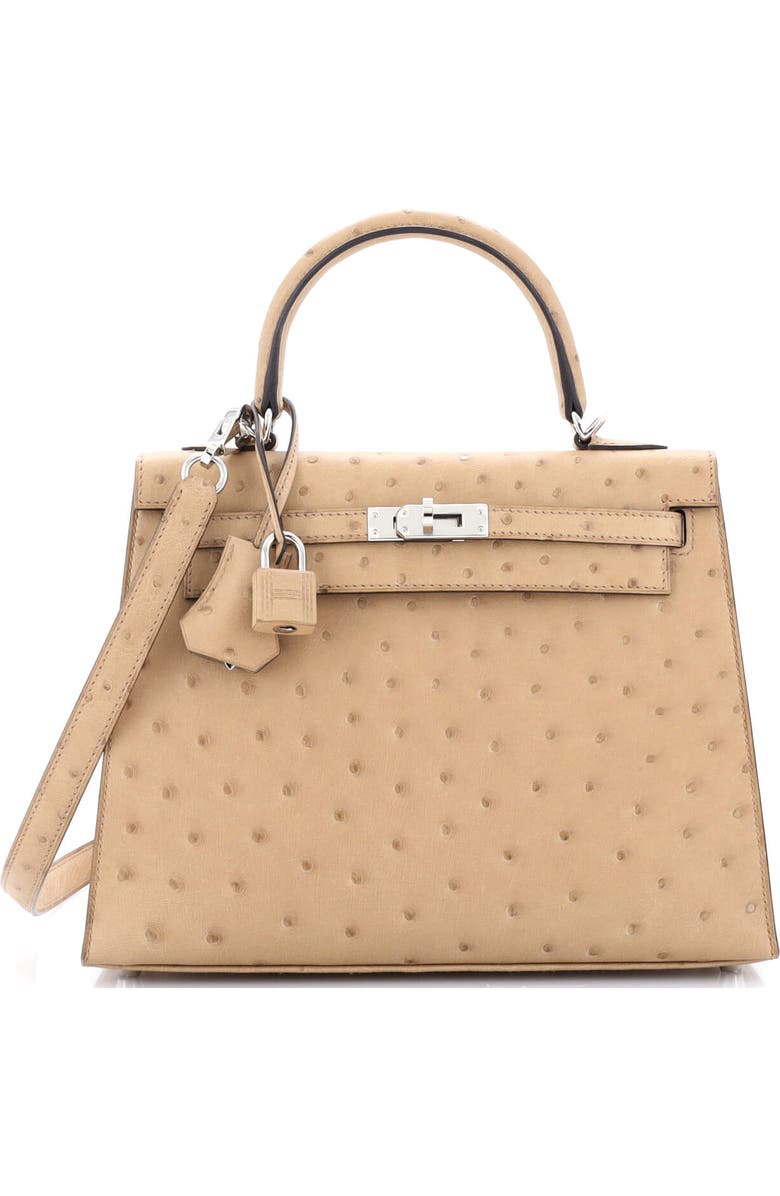 Pre-Owned Hermes Kelly Handbag Brown Ostrich with Palladium Hardware 25, Main, color,