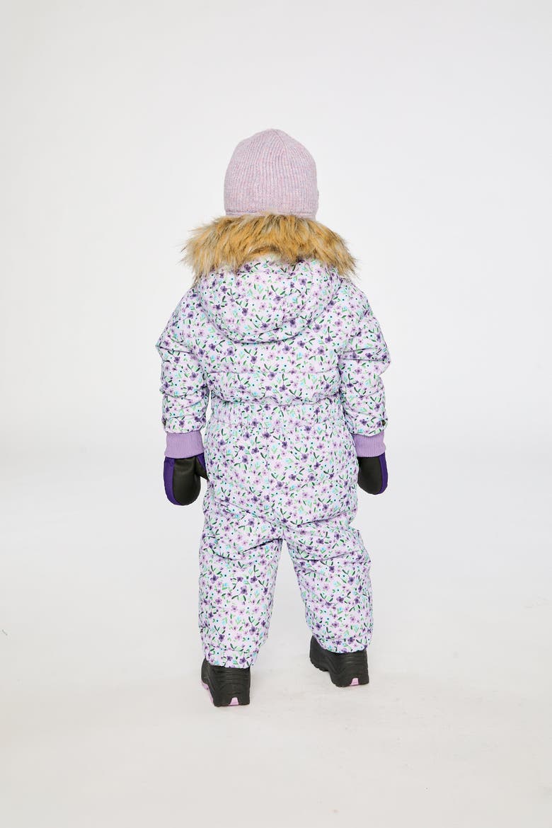Mini Flowers Original One Piece Puffy Snowsuit with Removable Mittens and Boots, Alternate, color, Purple Printed Mini Flowers