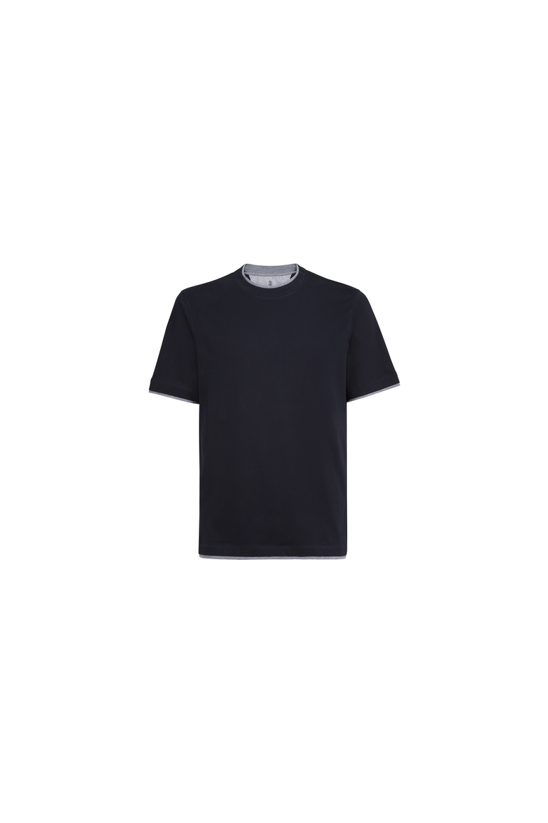 Cotton jersey crew neck T-shirt with faux-layering, Alternate, color, Cobalt