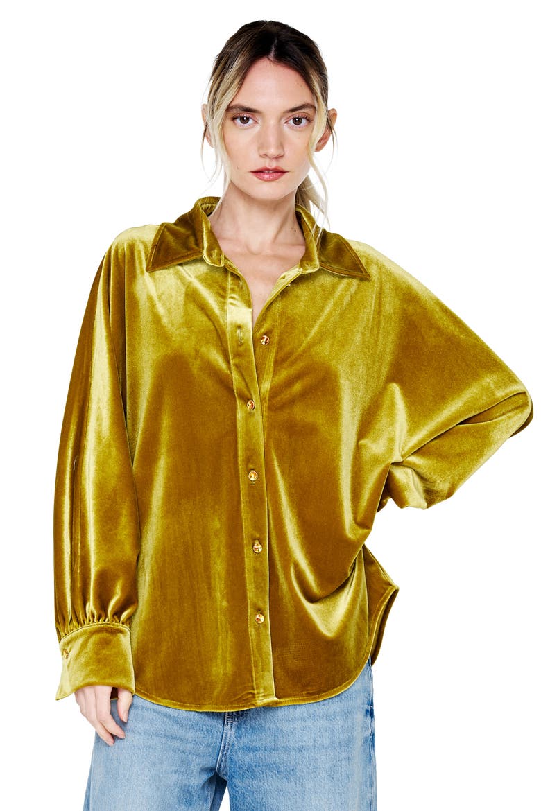 Amira Oversized Stretch Velvet Shirt, Alternate, color, CELERY