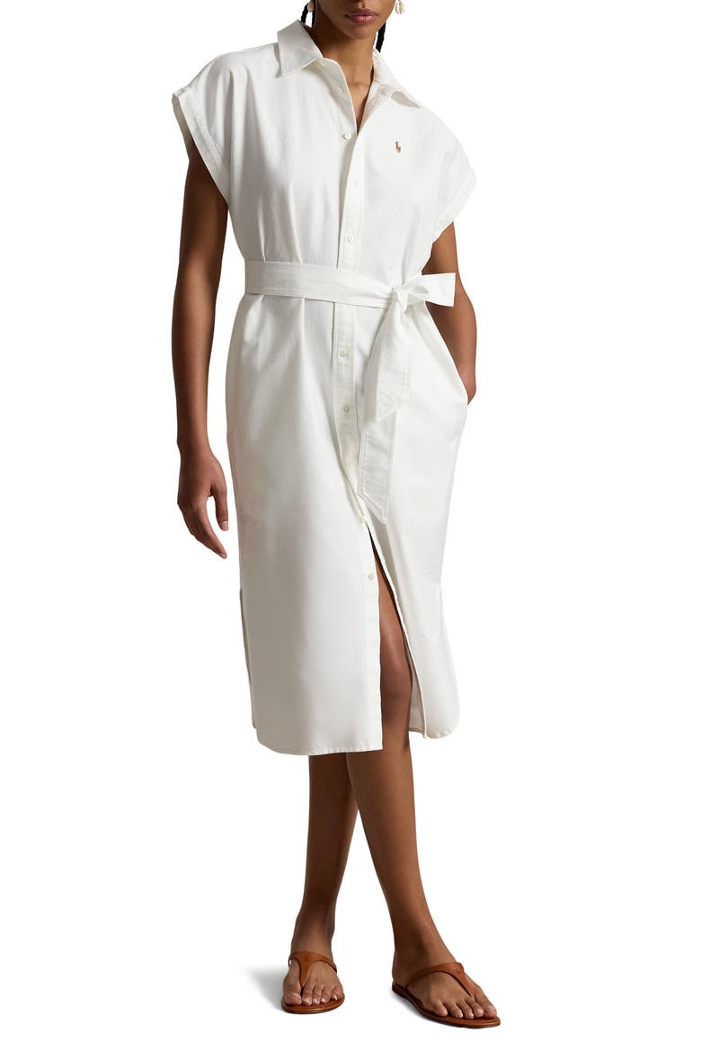 Belted Cotton Midi Oxford Shirtdress, Main, color, BSR WHITE