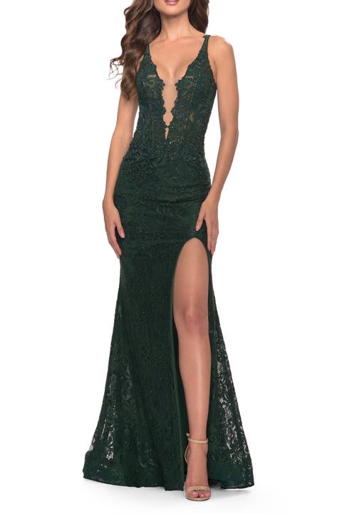 Long Lace Dress with Plunging Neckline
