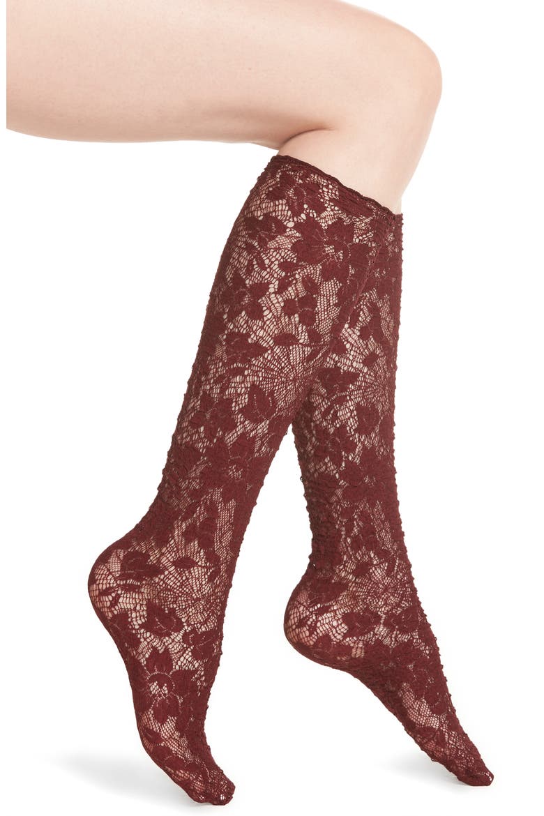 Camelia Lace Knee High Socks, Main, color, MERLOT