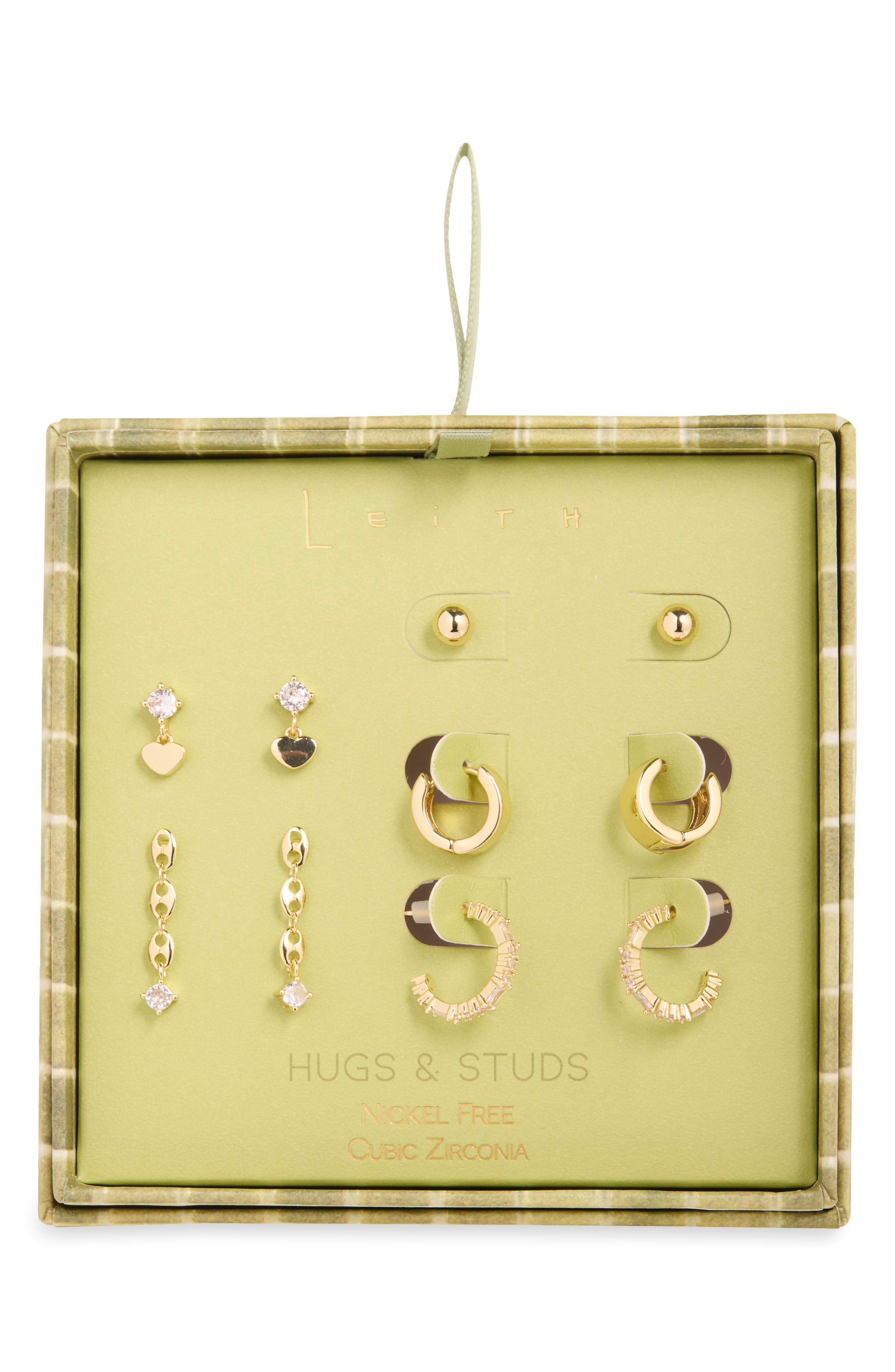 Set of 5 Cubic Zirconia Heart Stud, Drop & Huggie Hoop Earrings
