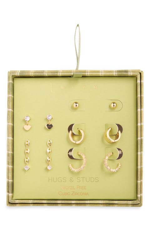 Set of 5 Cubic Zirconia Heart Stud, Drop & Huggie Hoop Earrings