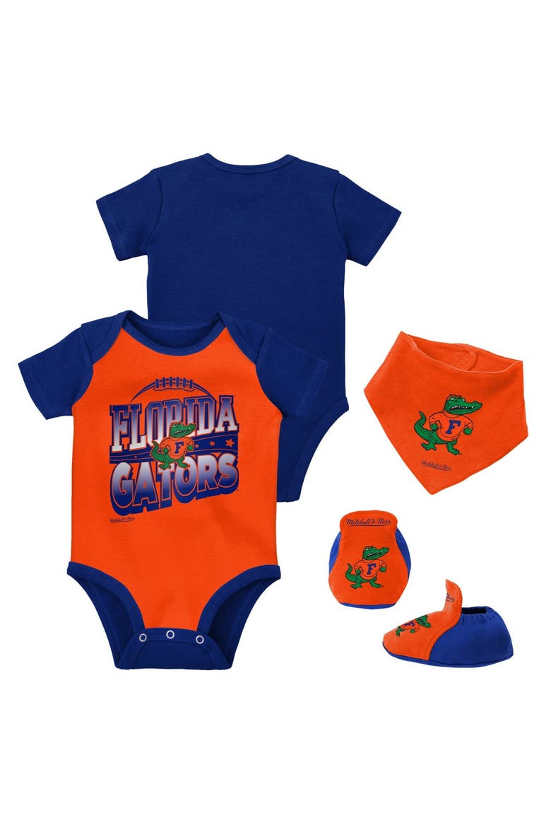 Infant Mitchell & Ness Royal/Orange Florida Gators 3-Pack Bodysuit, Bib and Bootie Set, Main, color, Royal