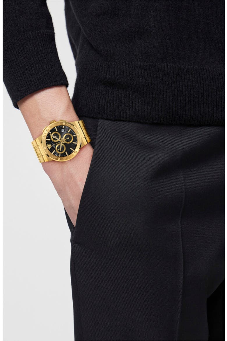 Greca Logo Chronograph Bracelet Watch, 40mm, Alternate, color, IP YELLOW GOLD/ BLACK