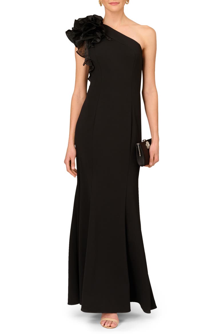One-Shoulder Trumpet Gown, Main, color, BLACK
