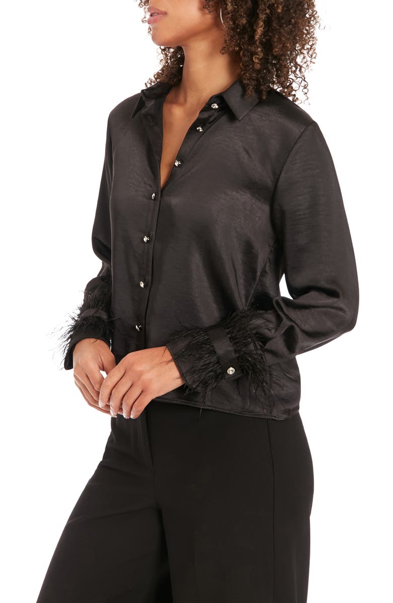 Muse Feather Trim Satin Button-Up Shirt, Alternate, color, Black