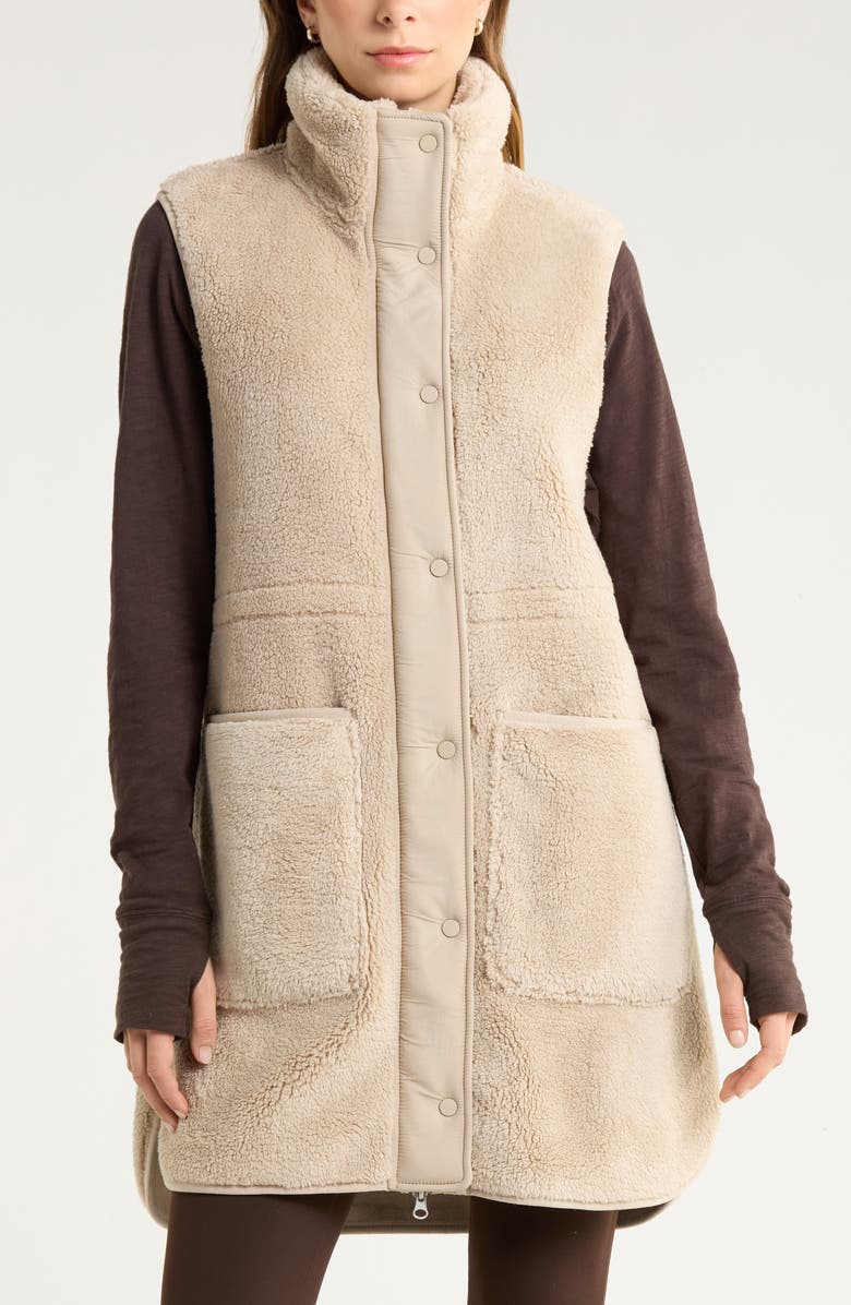 Zella Longline Faux Shearling Vest, Alternate, color, Tan Oxford