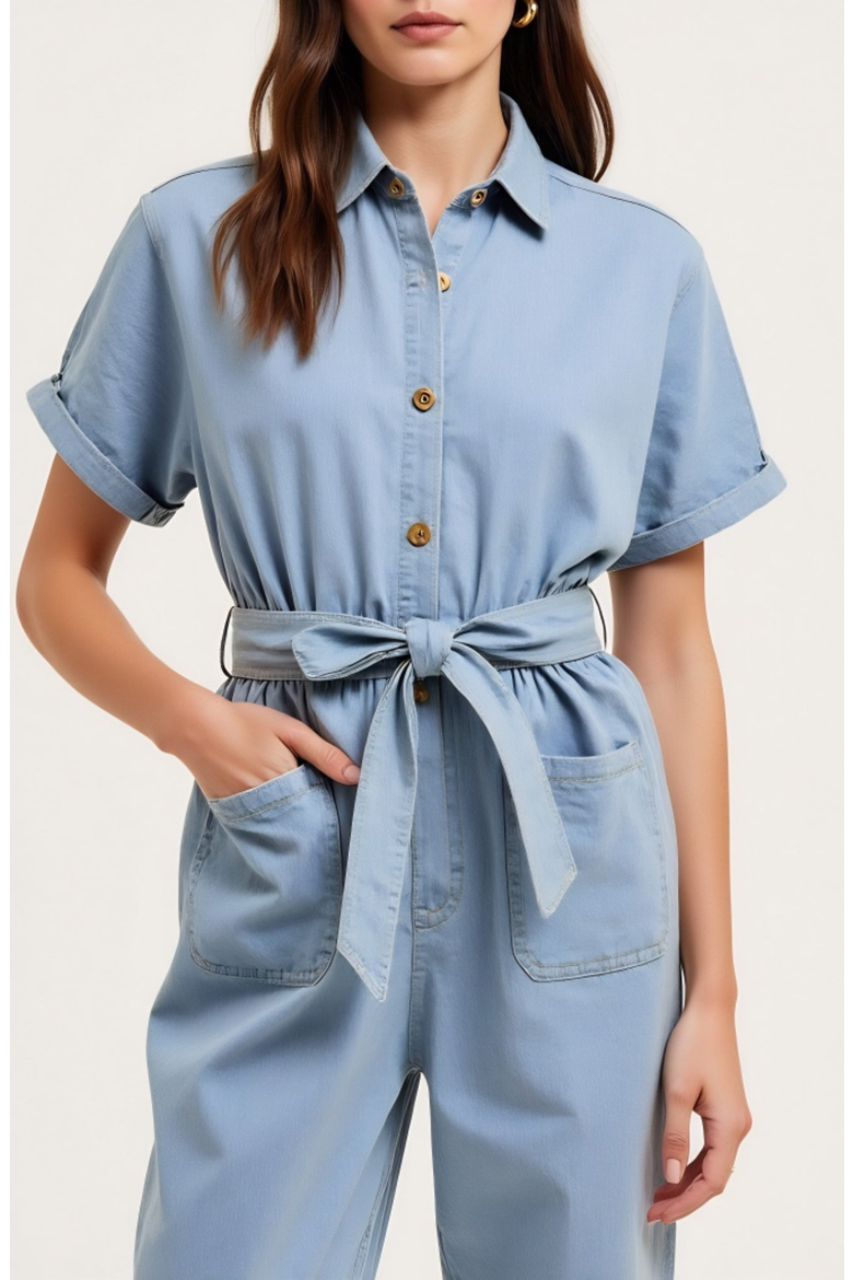Short Sleeve Button Front Tie Waist Rolled Cuff Denim Jumpsuit, Alternate, color, Light Blue
