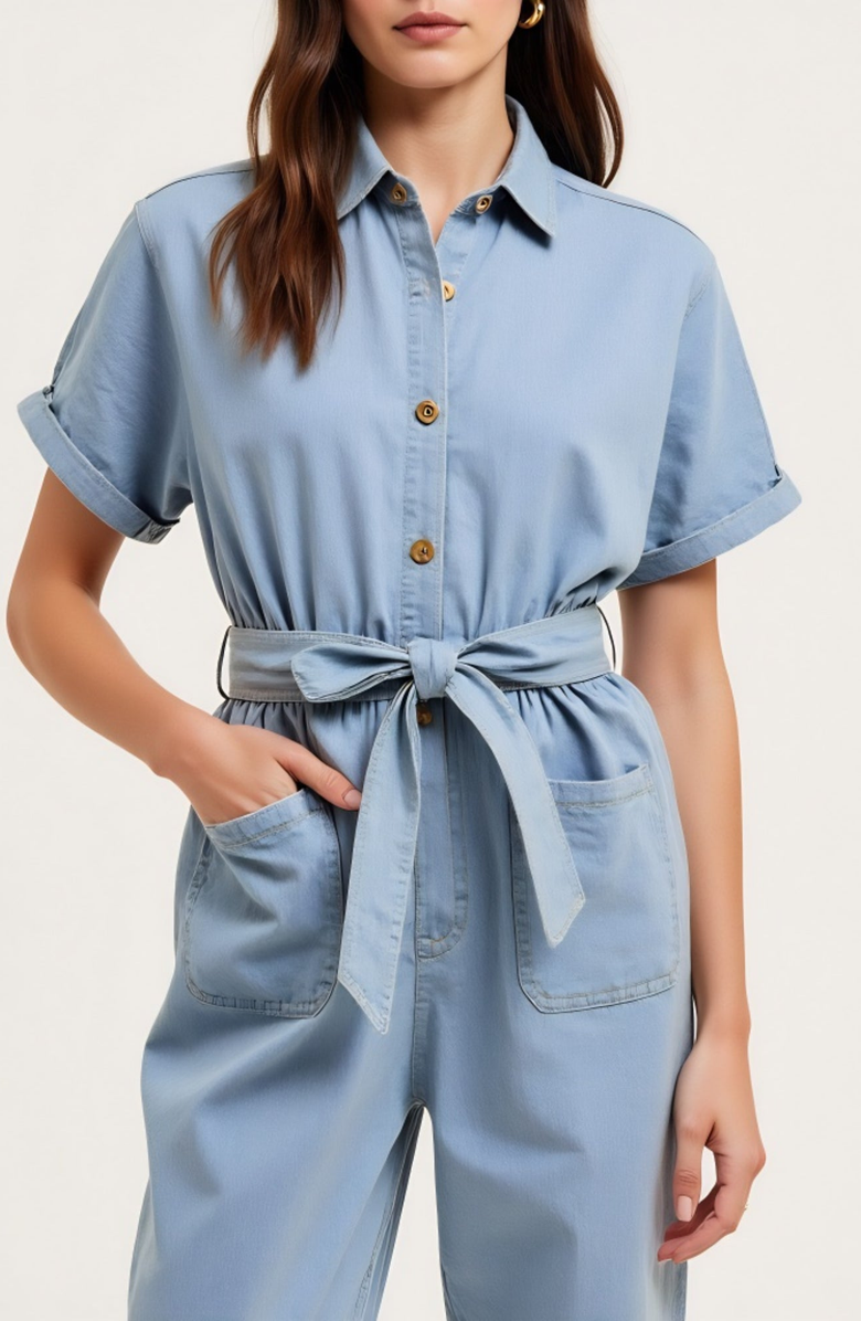 Modenaire Short Sleeve Button Front Tie Waist Rolled Cuff Denim Jumpsuit, Alternate, color, Light Blue
