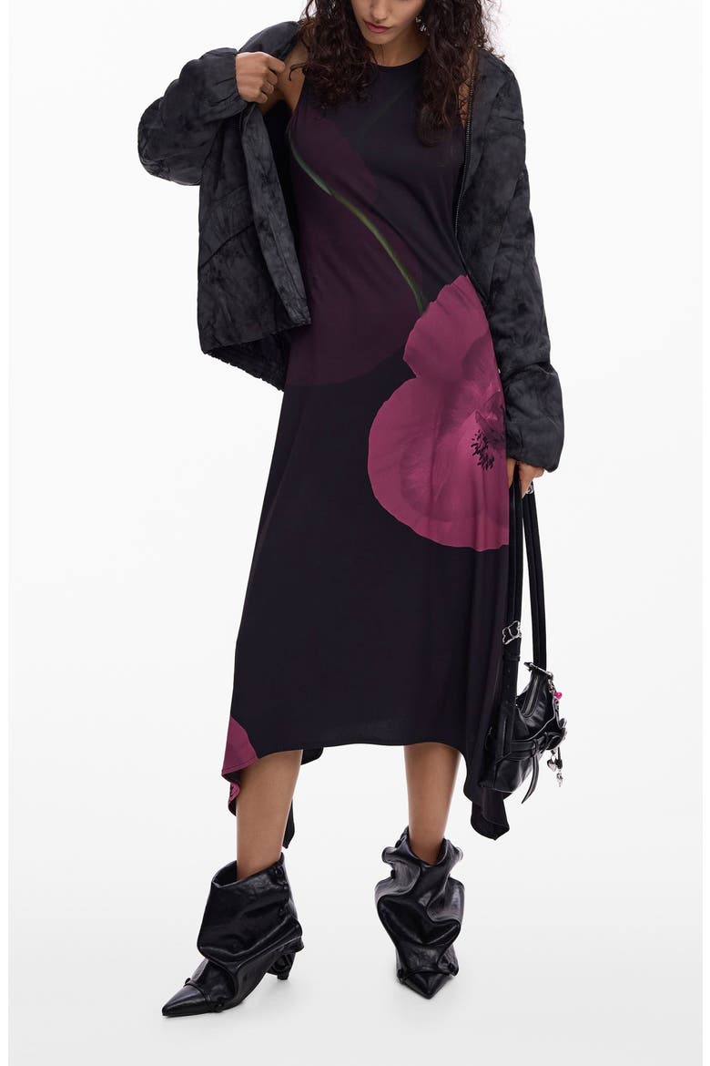 Print Asymmetric Hem Midi Dress, Main, color, BLACK