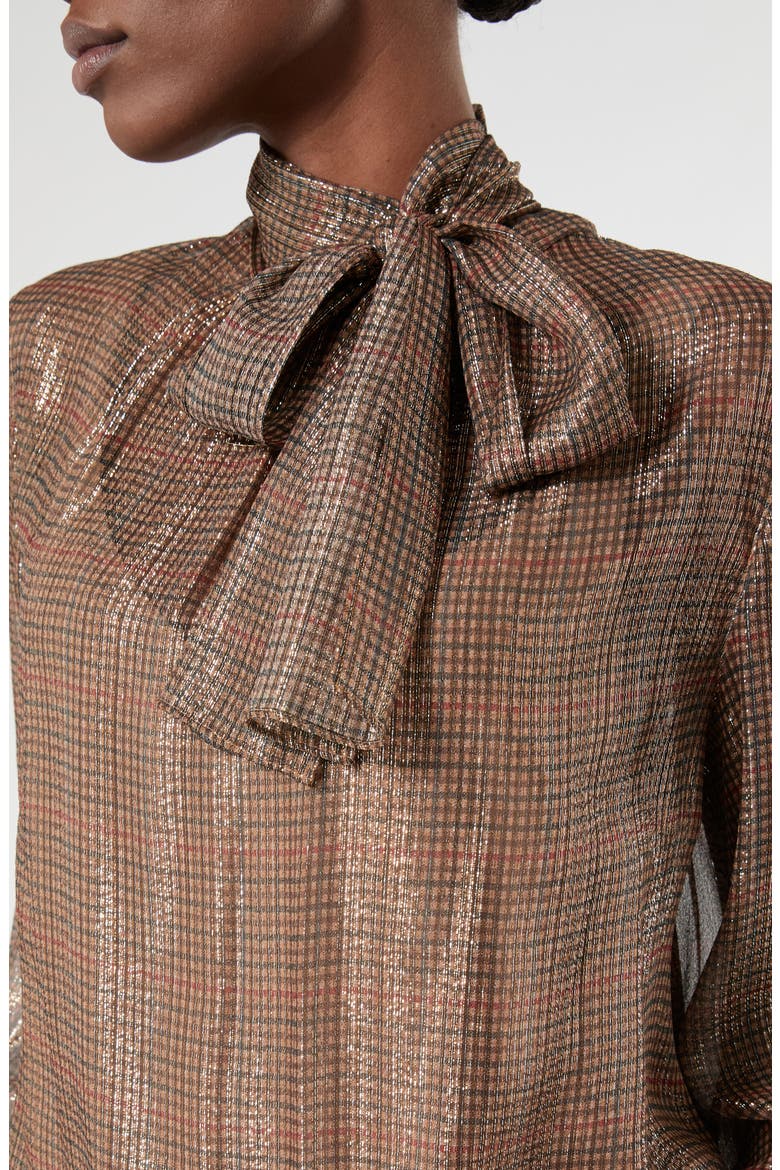 Silk Blend Metallic Tie Neck Shirt, Alternate, color, GOLD CAMEL