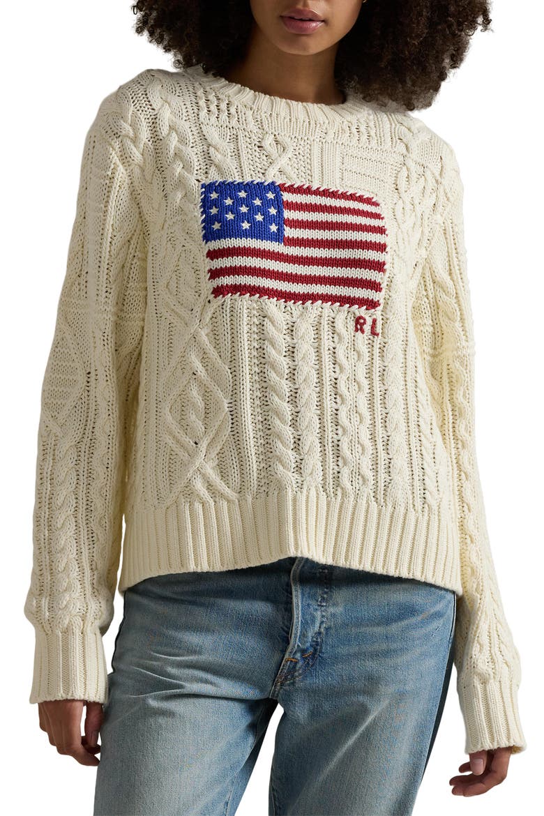 Aran Stitch American Flag Cotton Crewneck Sweater, Main, color, CREAM