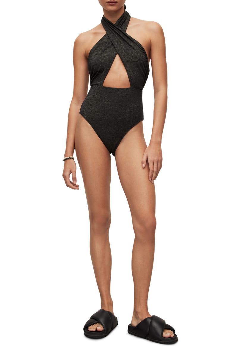 AllSaints Eleanor Shimmer Crossover Halter Neck One-Piece Swimsuit, Alternate, color, 