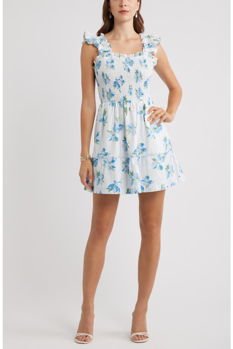 Smocked Tiered Cotton Ruffle Trim Minidress, Main, color, BLUE- GREEN STRIPED FLORAL