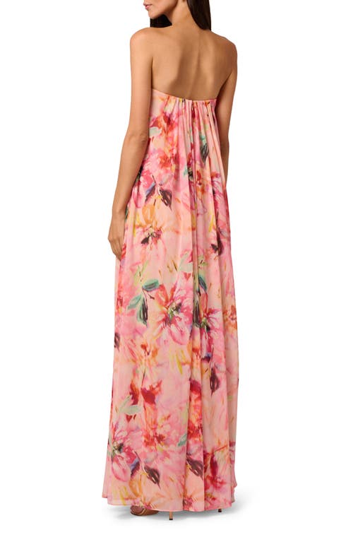 Liv Foster Brooke Strapless Floral-print Chiffon Gown In Coral Multi