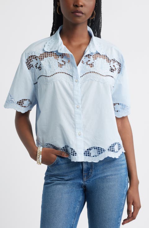 Embroidered Cutwork Cotton Camp Shirt