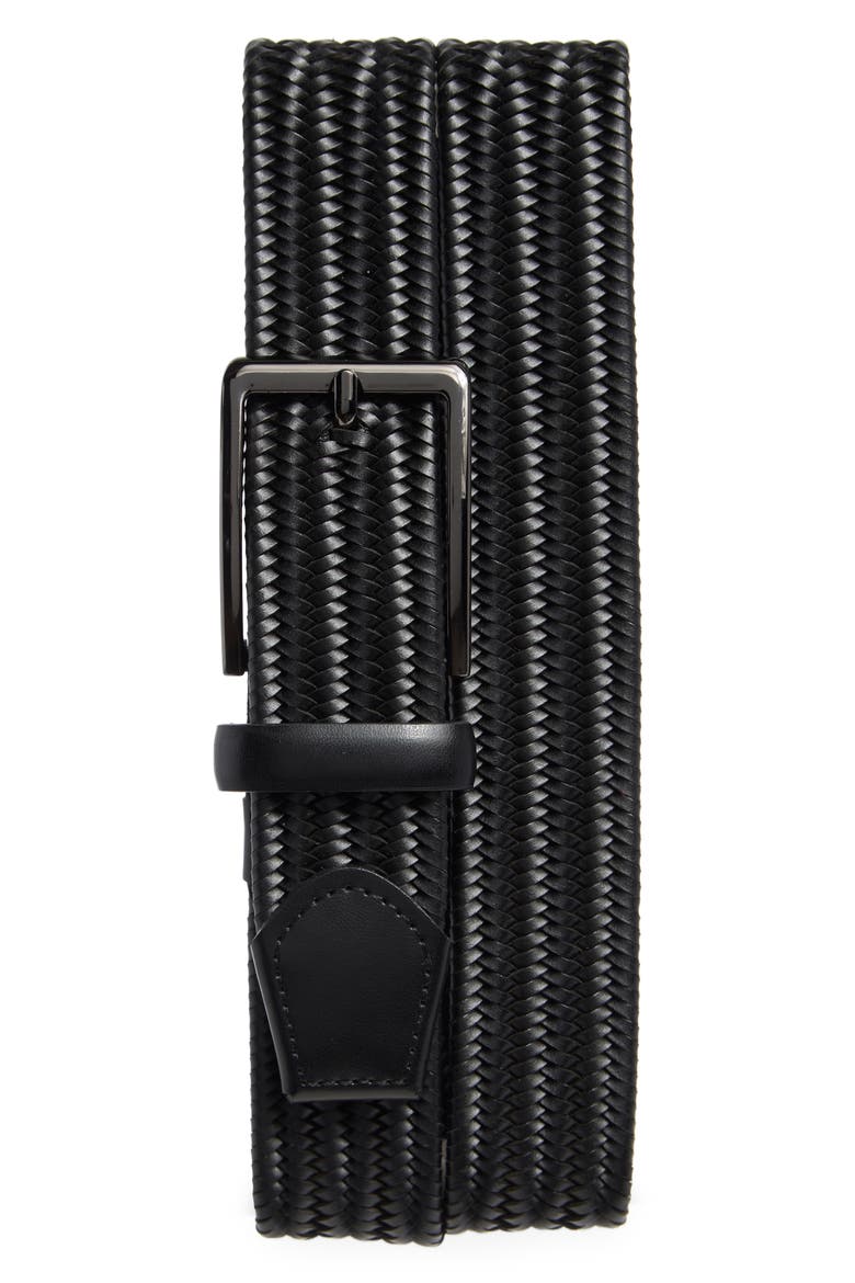 Braided Stretch Leather Belt, Main, color, BLACK