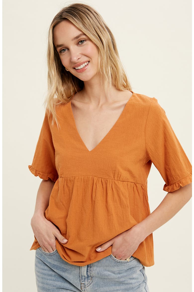 V-Neck Elbow-Length Sleeve Babydoll Top, Alternate, color, AMBER