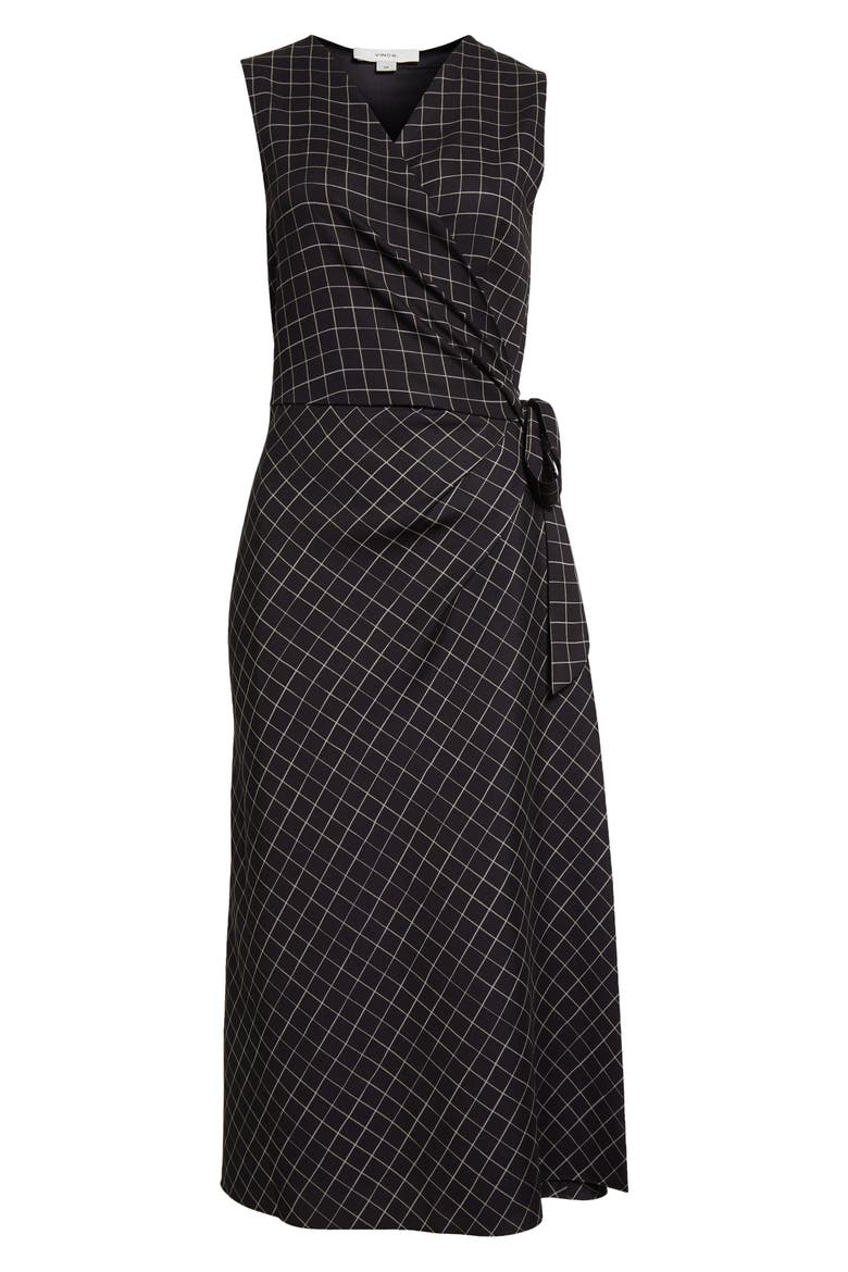Trellis Plaid Sleeveless Midi Wrap Dress, Alternate, color, BLACK/ CREAM