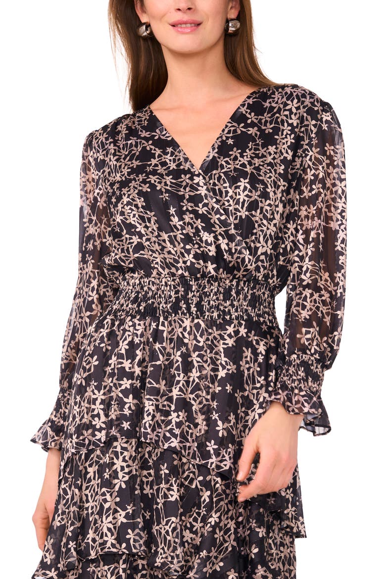 Floral Metallic Stripe Long Sleeve Tiered Maxi Dress, Alternate, color, RICH BLACK
