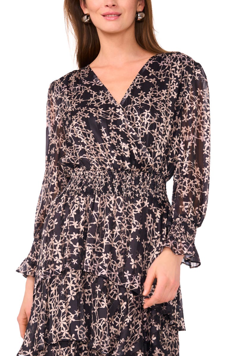 Vince Camuto Floral Metallic Stripe Long Sleeve Tiered Maxi Dress, Alternate, color, Rich Black