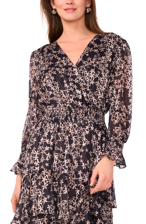 Vince Camuto Floral Metallic Stripe Long Sleeve Tiered Maxi Dress In Black