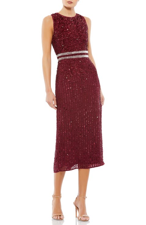 Sleeveless High Neck Beaded Midi Sheath Dress