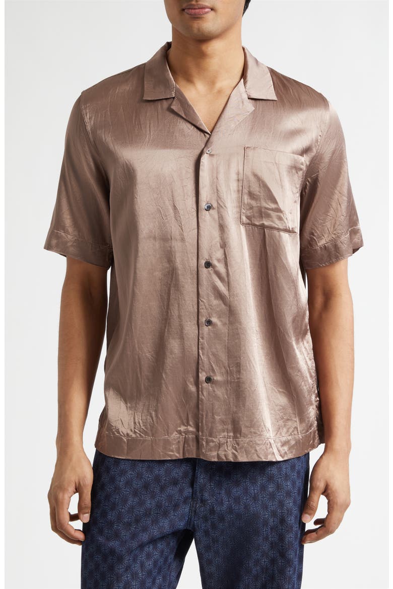 Carltone Crinkled Satin Camp Shirt, Main, color, OLD ROSE