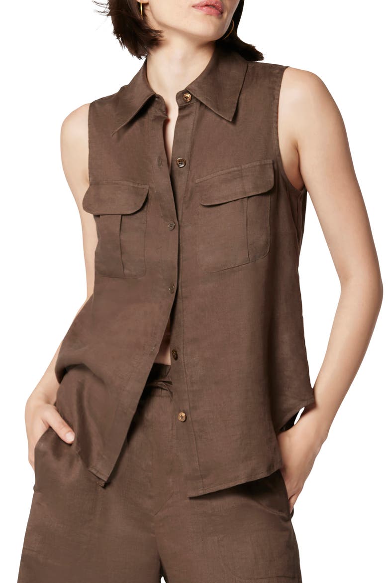 Camila Sleeveless Linen Button-Up Shirt, Main, color, WREN