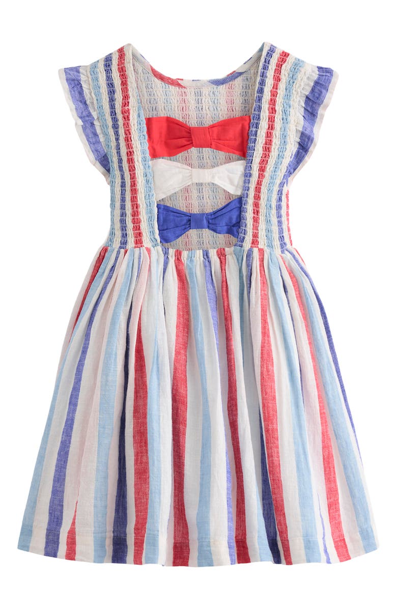 Mini Boden Kids' Bow Back Shirred Dress, Alternate, color, Bright Blue/ Poppy Red Stripe