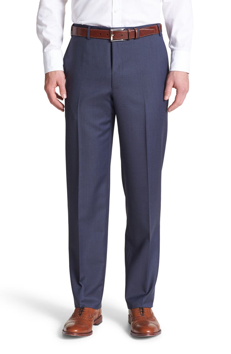 Canali Flat Front Solid Wool Trousers, Main, color, Blue