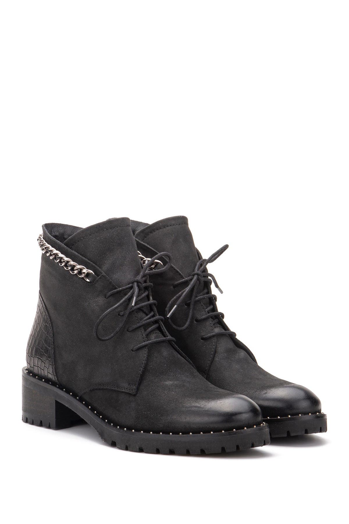 VINTAGE FOUNDRY Olga Chain Trim Leather Lace-Up Boot, Alternate, color, Black