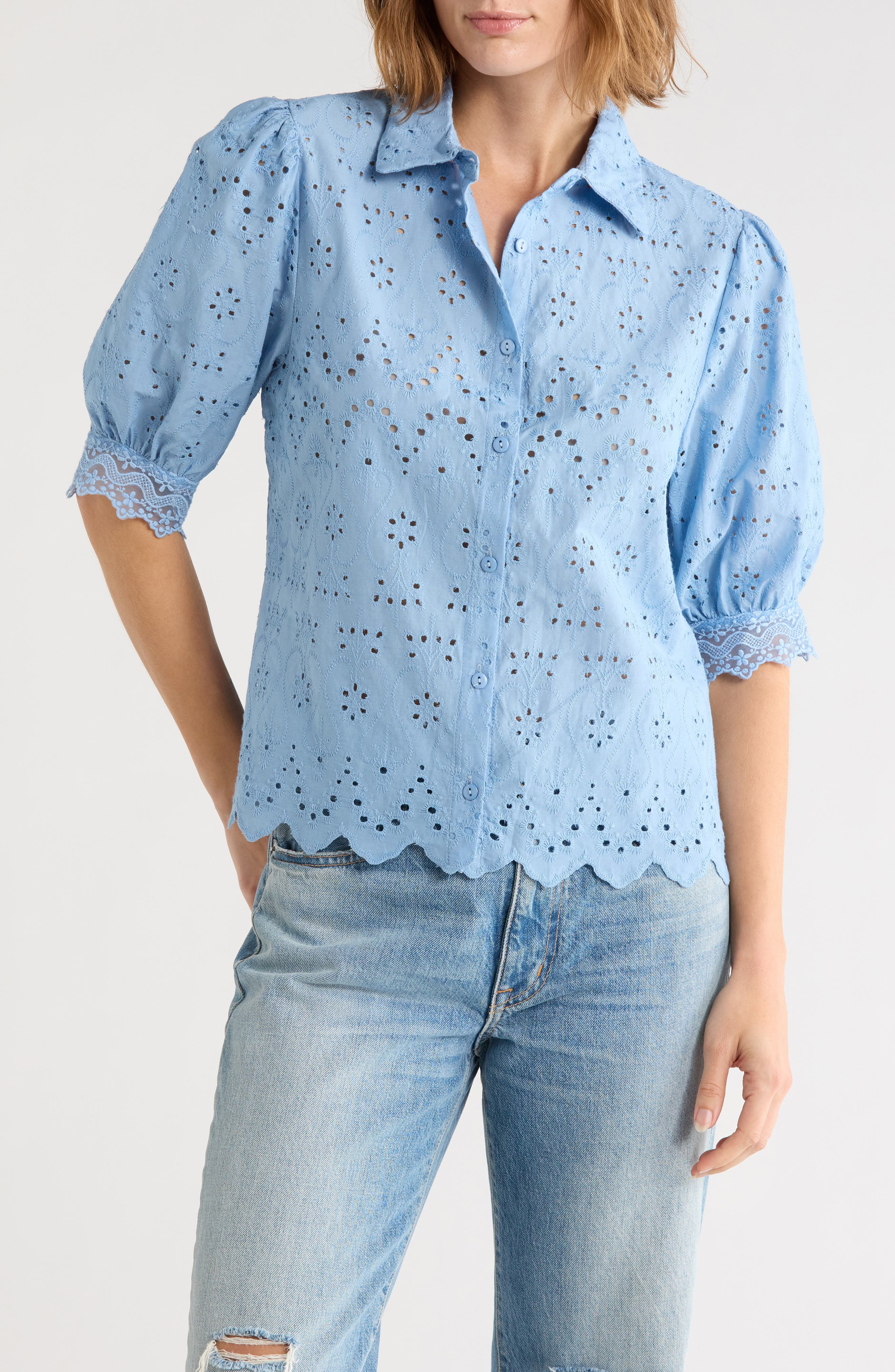 Puff Sleeve Eyelet Shirt