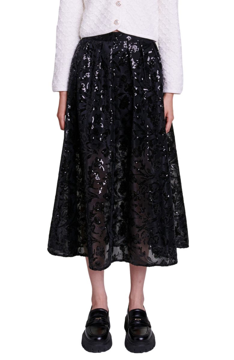 maje Jupon Sequin Mesh Midi Skirt, Main, color,