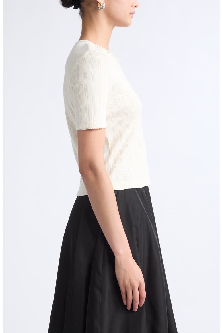 Faux Pearl Crop Cotton Pointelle Rib T-Shirt, Alternate, color, ECRU/ PEARL