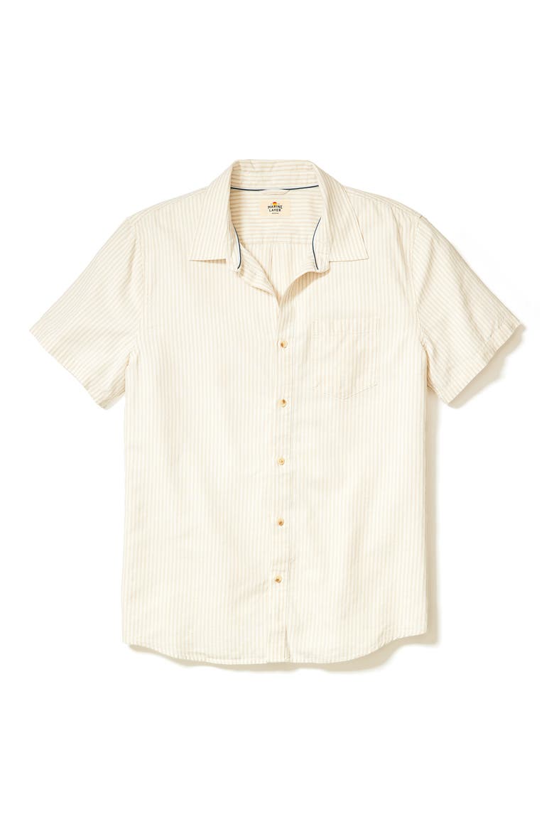 Better-Than-Linen Stripe Short Sleeve Button-Up Shirt, Alternate, color, TAN/ WHITE STRIPE