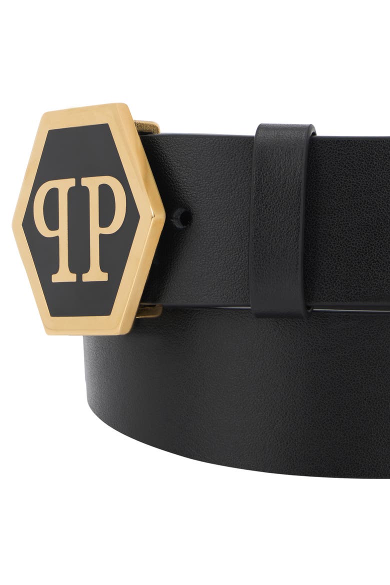 Leather Belt Hexagon Men, Alternate, color, black/lightgold