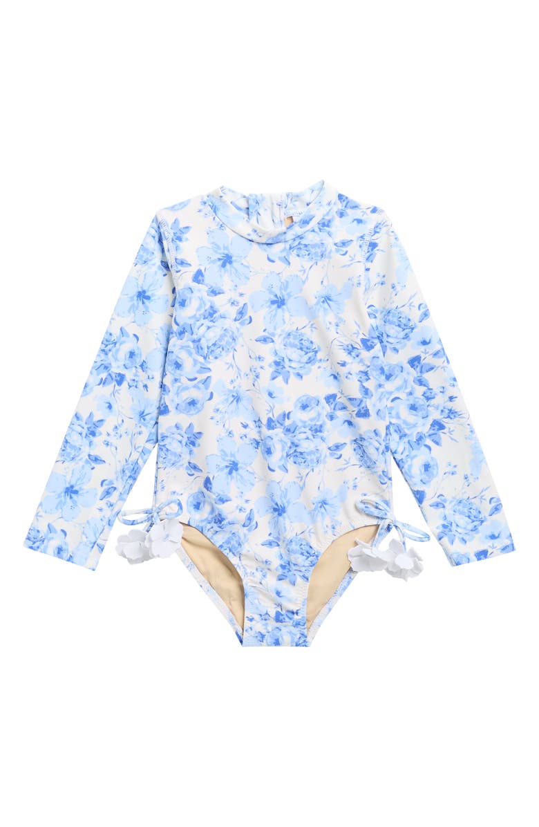 Shade Critters Kids' Hibiscus Rose Long Sleeve One-Piece UPF 50+ Rashguard Swimsuit, Main, color, Blue