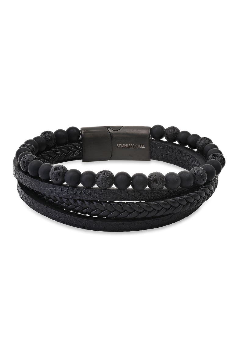 Mens' Multi-Strand Bead & Braided Leather Bracelet, Main, color, BROWN/ SILVER