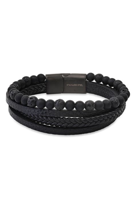 Mens' Multi-Strand Bead & Braided Leather Bracelet